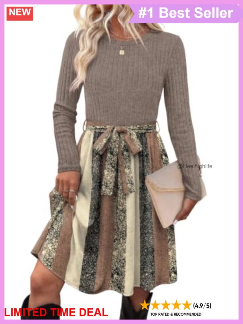 Women's Long Sleeve Rib-Knit Sweater Dress with Pockets